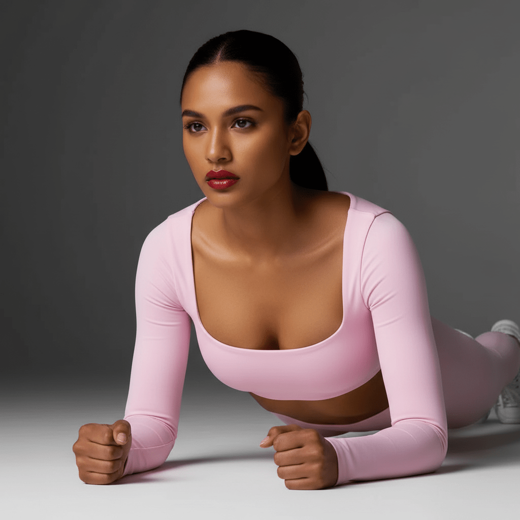 Femme en crop top manche longue en position planche, maquillage rouge à lèvres brillant, fond neutre