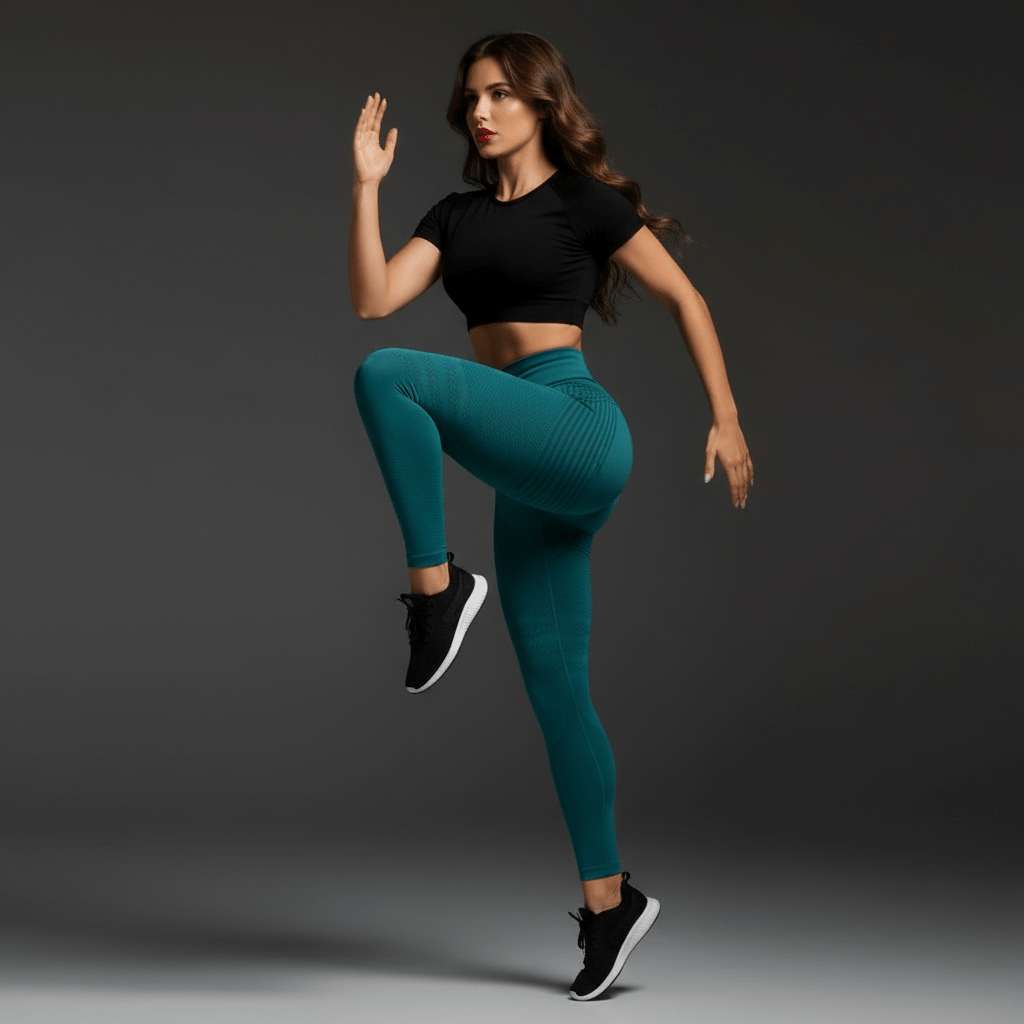Femme en legging bleu pétrole et crop top noir effectuant des montées de genoux high knees, exercice cardio activation, pose dynamique fitness, ambiance minimaliste