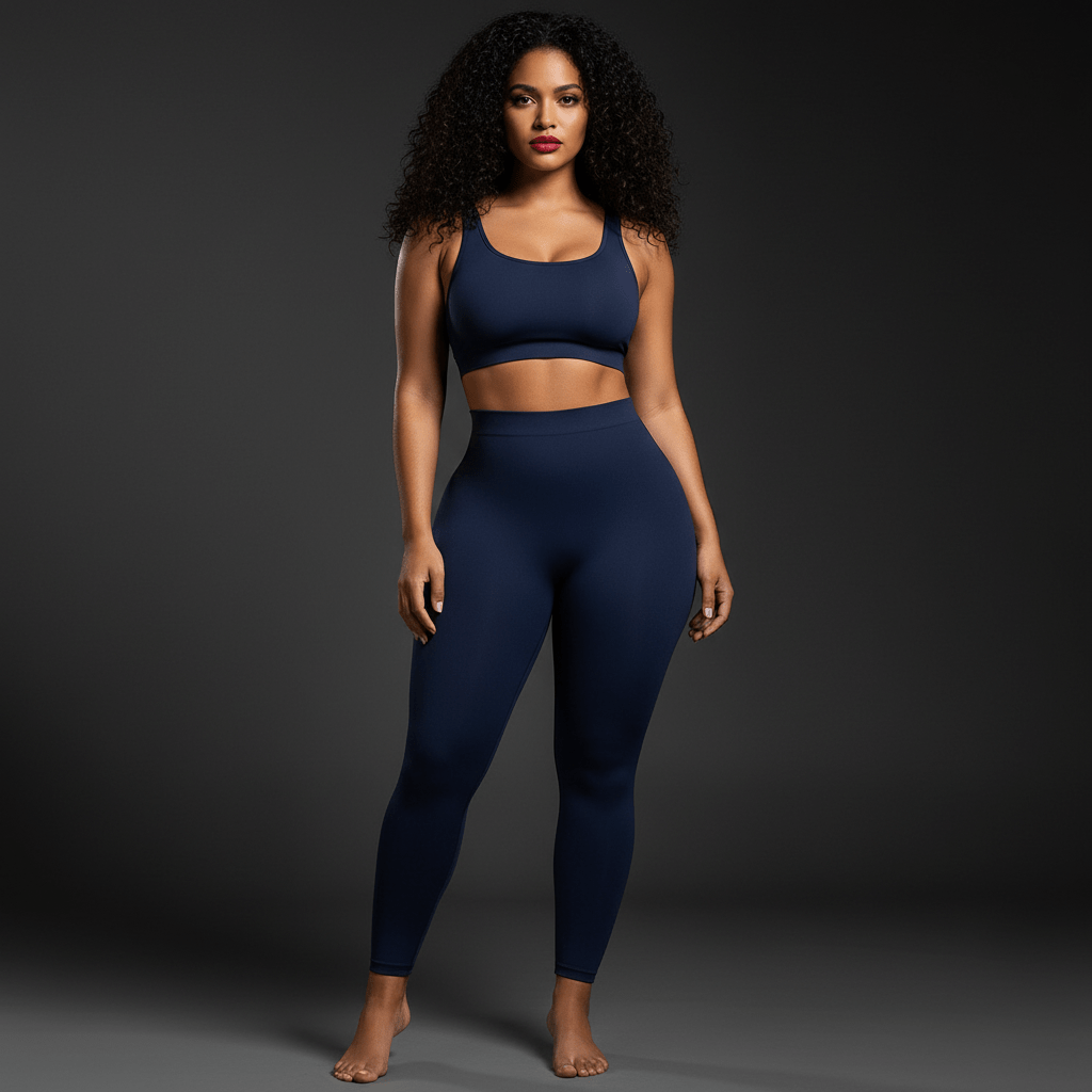 Femme en leggings bleu marine amincissants taille haute, mettant en avant la silhouette affinée et le confort
