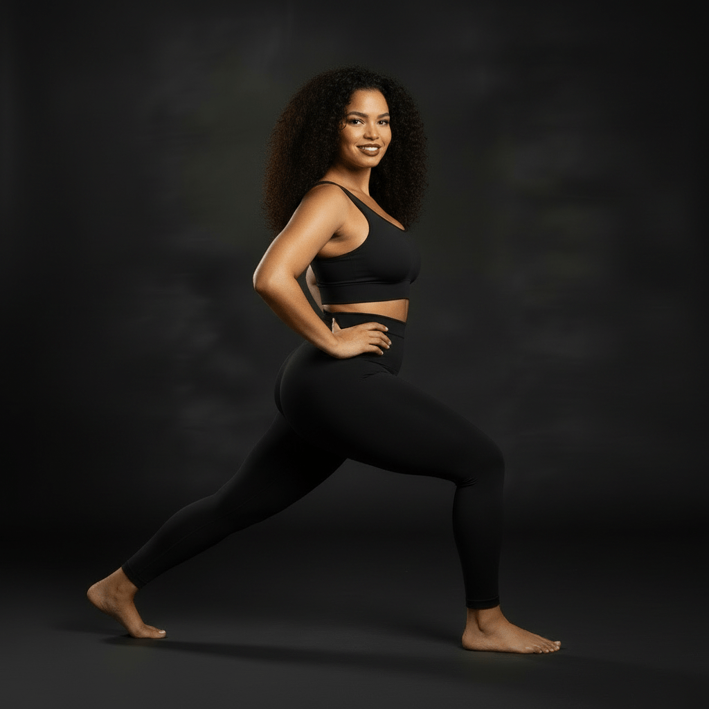 Femme en leggings noirs amincissants en position de fente latérale, montrant la flexibilité et l'effet gainant du produit