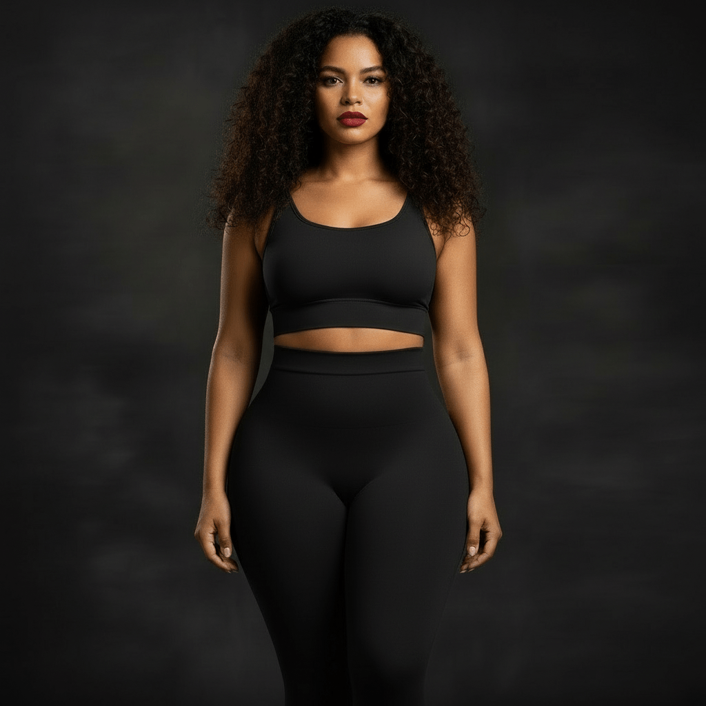 Femme en leggings noirs taille haute avec brassière sport, démontrant l'effet amincissant et la silhouette tonique