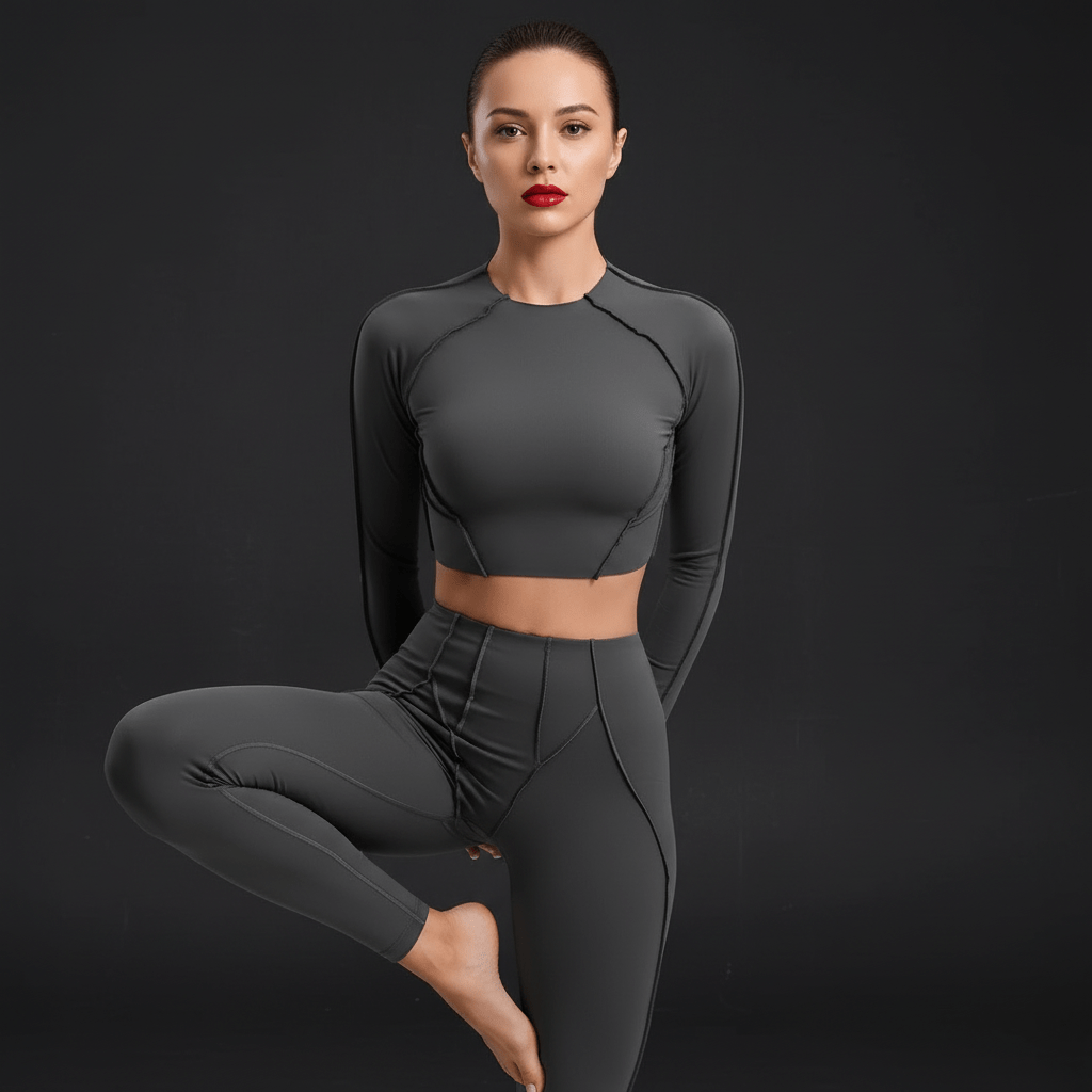 Femme en pose yoga dynamique, top et legging gris, maquillage rouge à lèvres brillant