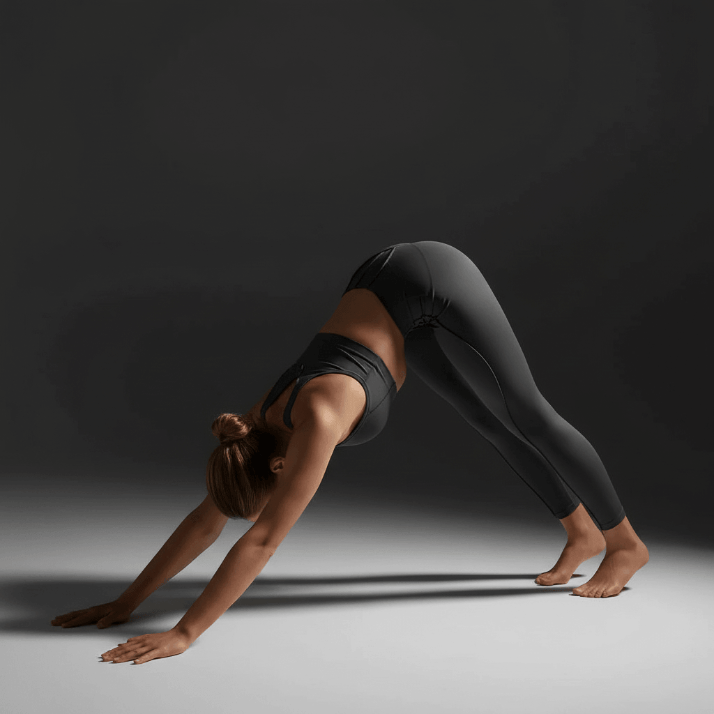 Femme en posture de yoga chien tête en bas portant le legging Positiflow, maintien parfait et zéro transparence