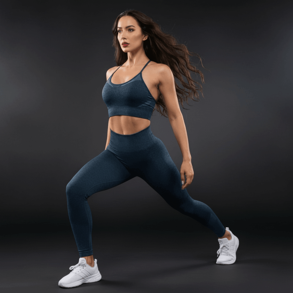 Femme en tenue de sport bleu canard élégante avec crop top à bretelles croisées et legging haute taille anti-roulement, pose face caméra, cheveux lâchés, look fitness minimaliste mystérieux
