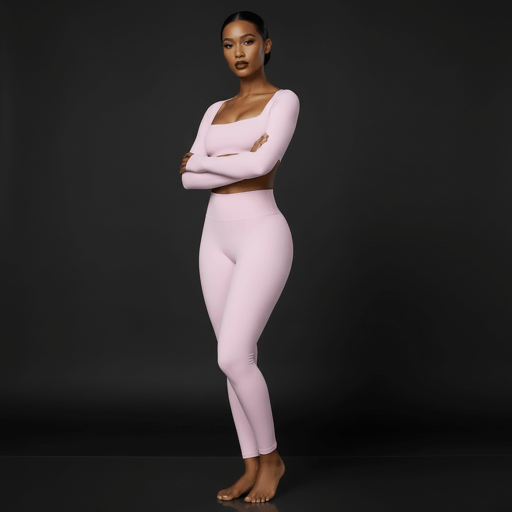 Femme en tenue yoga technique, rouge à lèvres glossy, pose élégante en studio