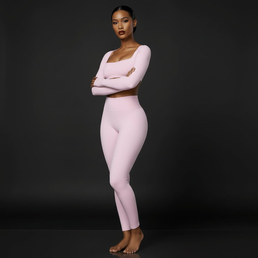 Femme en tenue yoga technique, rouge à lèvres glossy, pose élégante en studio