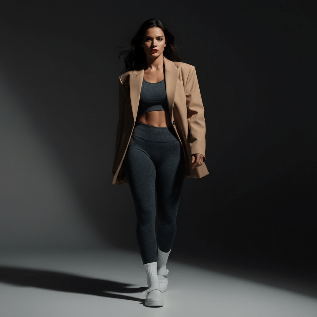 Femme élégante en legging yoga premium noir, soulignant le maintien parfait et le tissu doux