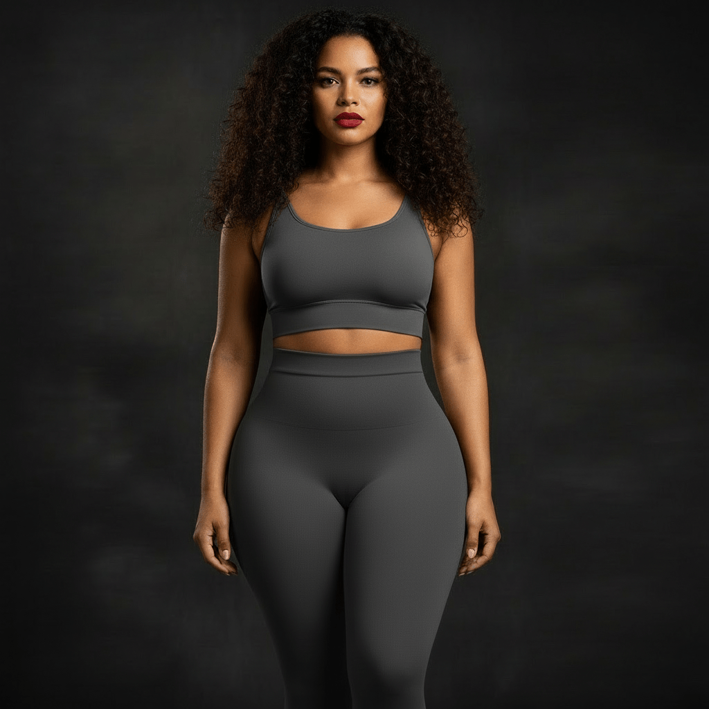 Femme portant des leggings gris amincissants taille haute avec brassière assortie, montrant l'effet ventre plat et la compression ciblée
