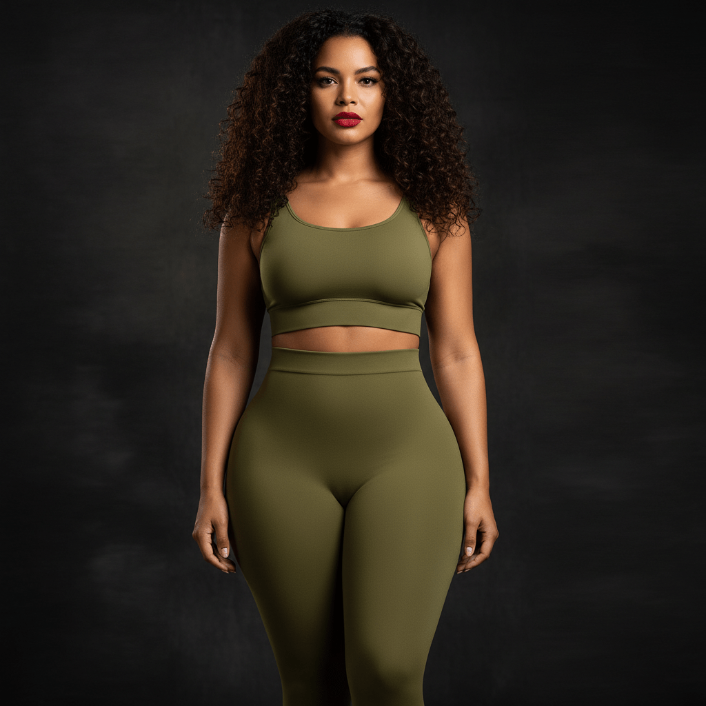 Femme portant des leggings kaki taille haute avec brassière assortie, démontrant la polyvalence et l'effet gainant