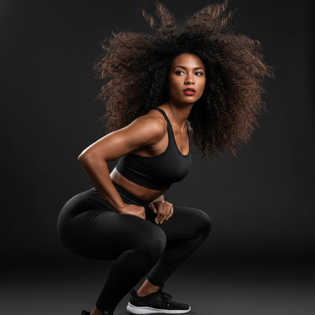 Femme portant des leggings noirs amincissants en position de squat, montrant l'effet gainant et la silhouette affinée