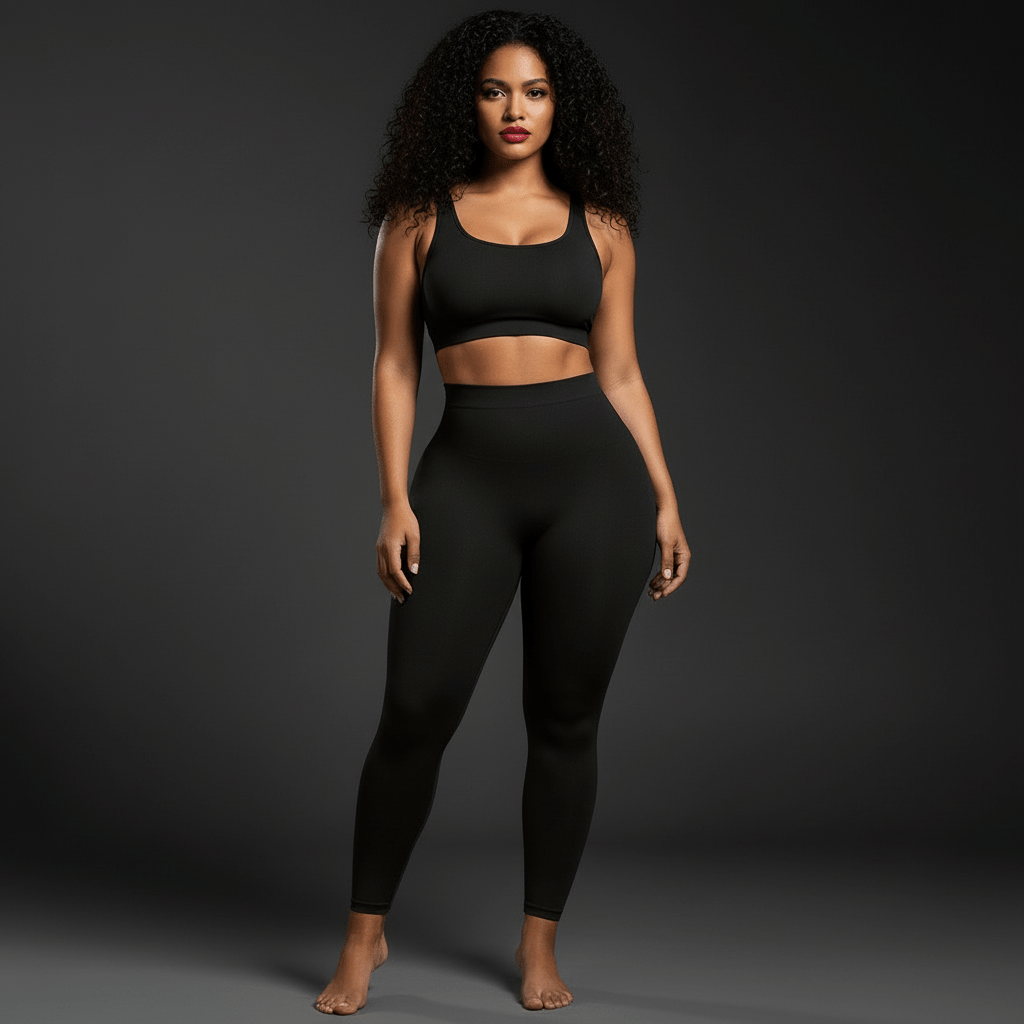 Femme portant des leggings noirs taille haute avec brassière sport, montrant l'effet amincissant et la silhouette harmonieuse