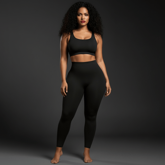 Femme portant des leggings noirs taille haute avec brassière sport, montrant l'effet amincissant et la silhouette harmonieuse