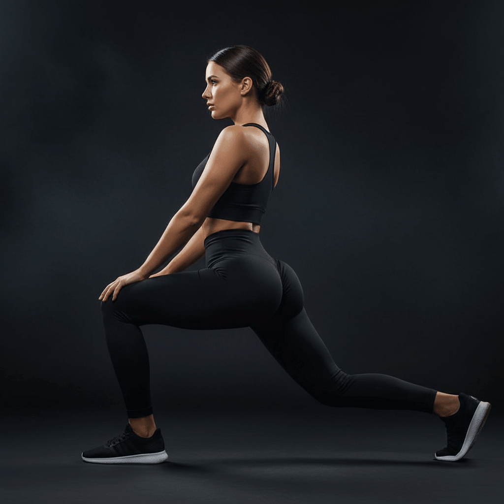 Femme en leggings noir effect sculptant, en position de fente louse, prêt pour l'entraînement, affichant une posture sportive. Alt: Legging Push Up Sculptant - Effet Galbant Naturel & Squat Proof | positiflow