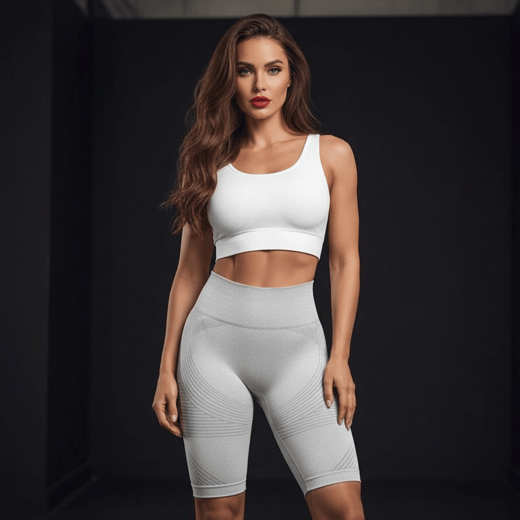 Short femme anti-cellulite en ensemble sport blanc: brassière crop et gainante 3D sculptante à compression.