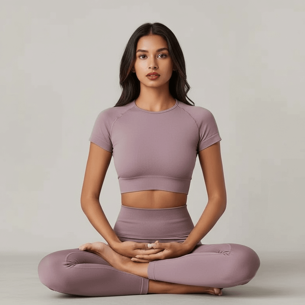 Femme assise en position de lotus, top court et legging assortis gris mauve, tenue de fitness confort.
