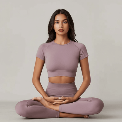 Femme assise en position de lotus, top court et legging assortis gris mauve, tenue de fitness confort.