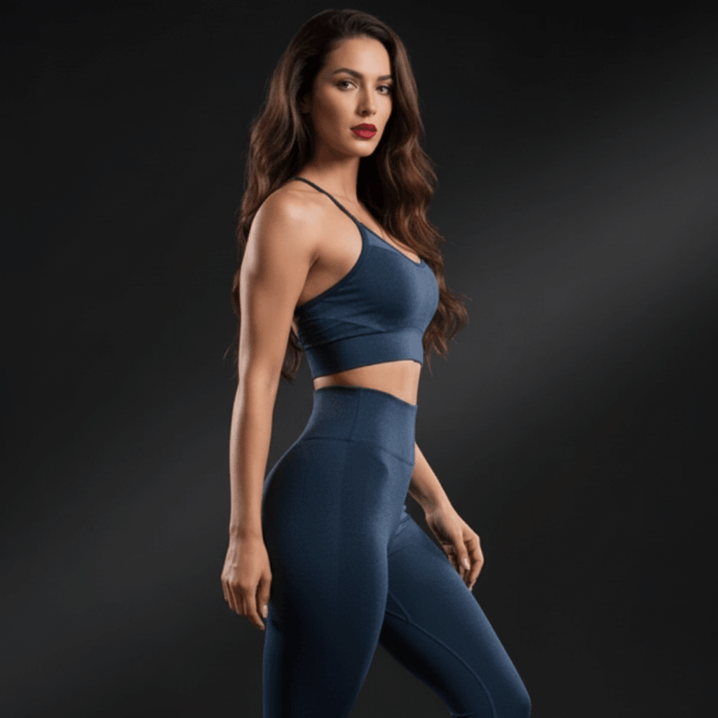Femme portant un ensemble fitness bleu canard premium avec crop top à bretelles croisées et legging taille haute gainant, vue de face, cheveux lâchés, maquillage intense, ambiance minimaliste luxueuse
