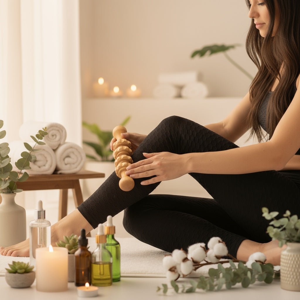 Femme pratiquant le rituel du Protocole Positiflow, se massant la jambe avec le bâton en bois tout en portant le legging sculpteur noir