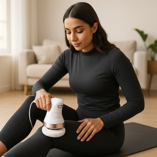 Femme réalisant un massage anti-cellulite sur sa cuisse avec le masseur vibrant Positiflow.