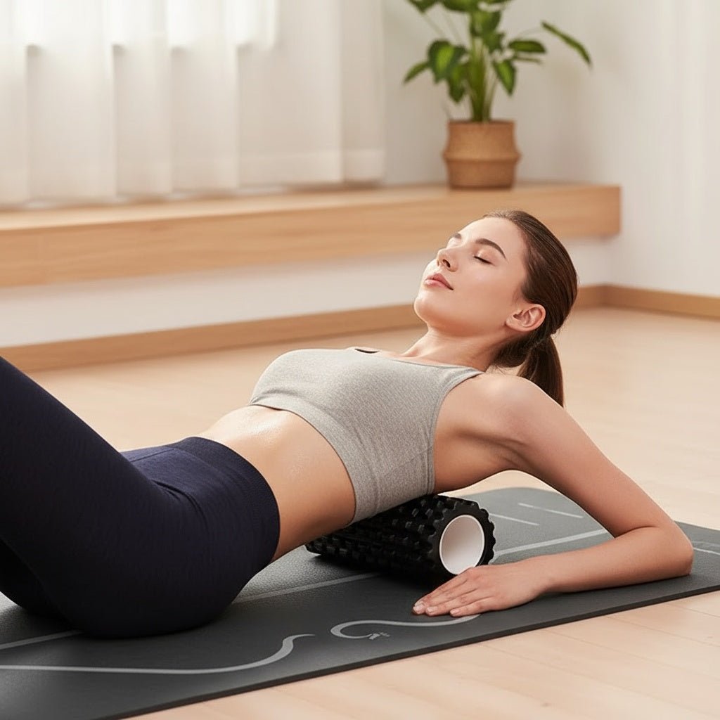 Femme soulageant une douleur au dos avec le rouleau de massage Positiflow.