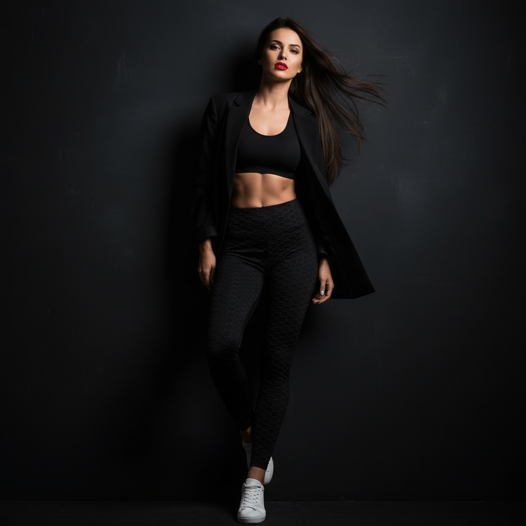 Femme souriante en mouvement portant le legging push-up noir Positiflow, mettant en valeur l'effet galbant et la confiance en soi