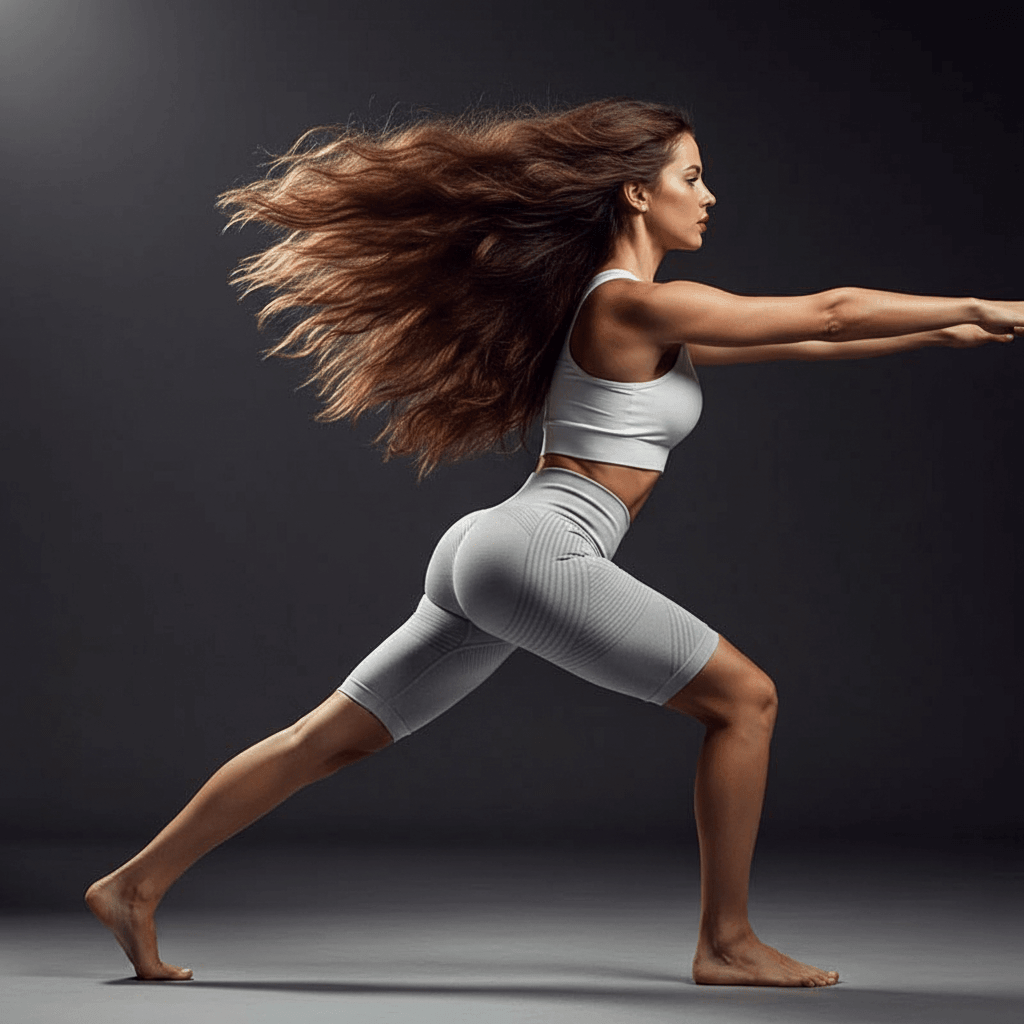 Femme en tenue de sport blanche effectuant une posture de yoga ou de fitness dynamique, bras tendus et jambe avant fléchie, cheveux au vent. Short 3D sculptant à compression.