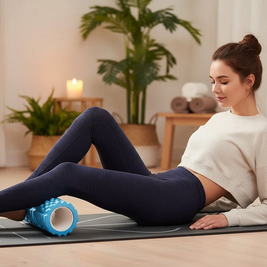 Femme utilisant rouleau de massage bleu POSITIFLOW sous mollets réduction courbatures après course sport