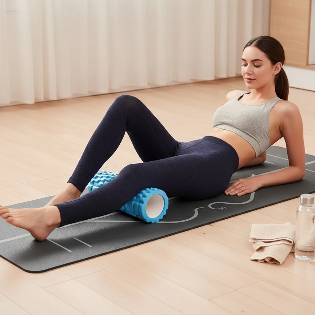 Femme utilisant rouleau de massage bleu POSITIFLOW sous mollets réduction courbatures après sport