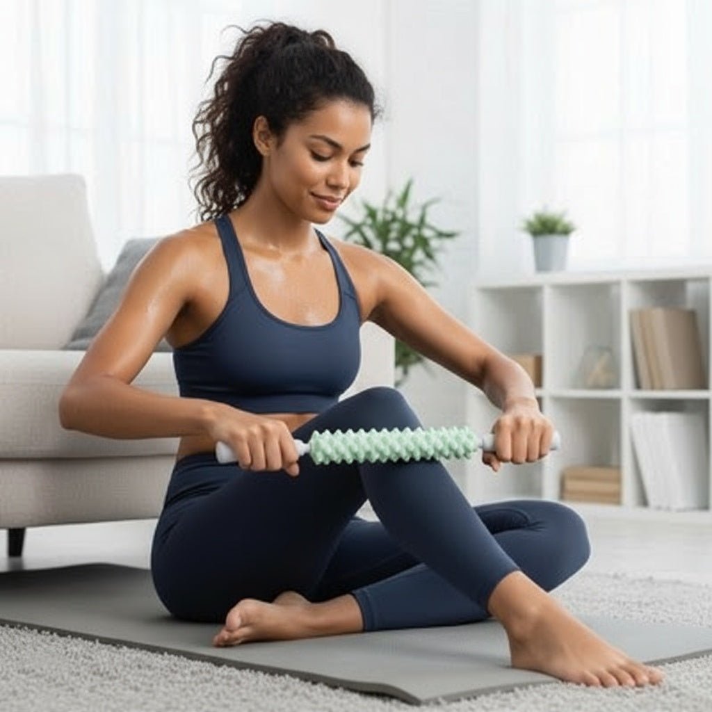 Femme utilisant rouleau de massage musculaire POSITIFLOW sous mollets pour réduction courbatures après course sport