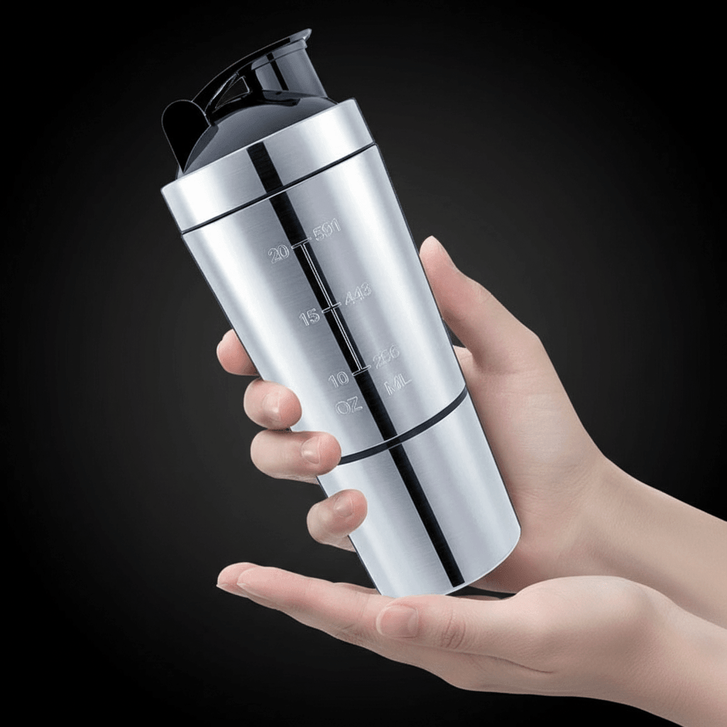 Shaker protéiné métallique tenu entre deux mains, avec mesure gravée et bouchon noir, sur fond sombre.