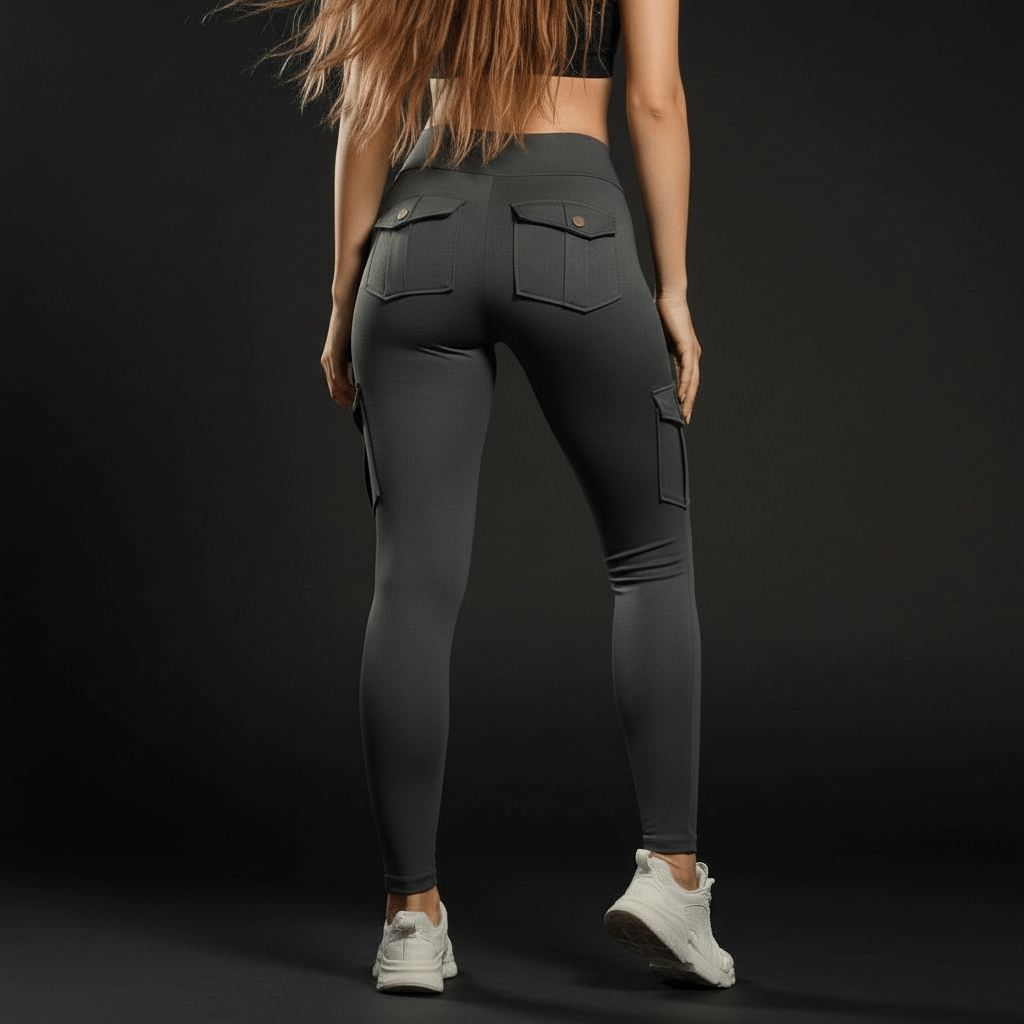 Gros plan sur la poche cargo latérale à rabat d'un legging technique, assez grande pour un smartphone