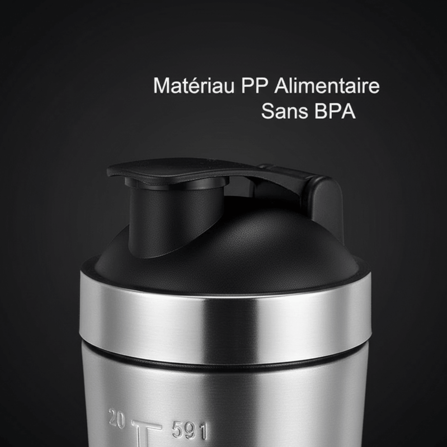 Shaker en acier inoxydable avec couvercle noir, pichet de protéine sans BPA et indicateur de capuchon, produit utile pour boissons nutritives.