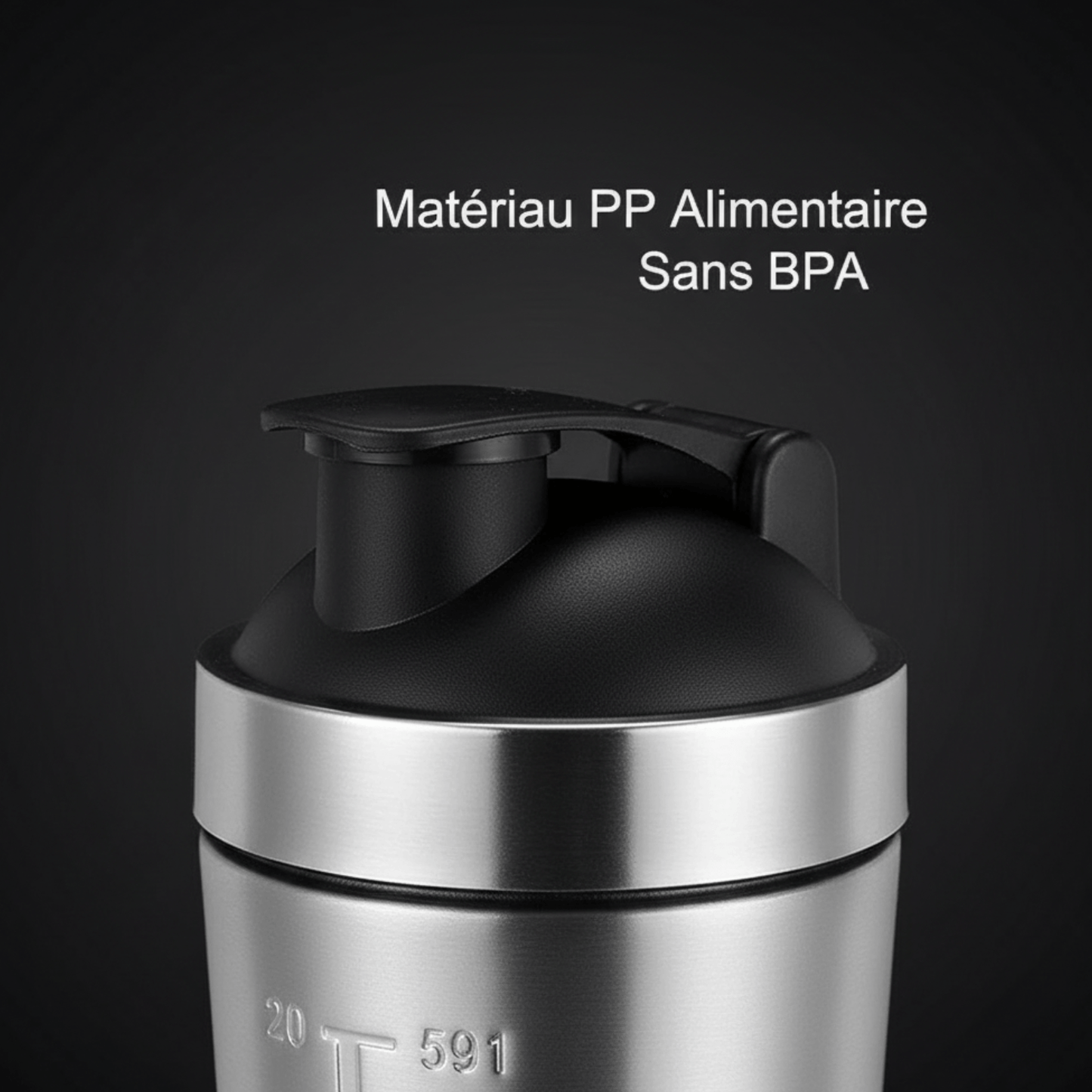  Gros plan sur le couvercle à vis 100% étanche du shaker protéine Positiflow.