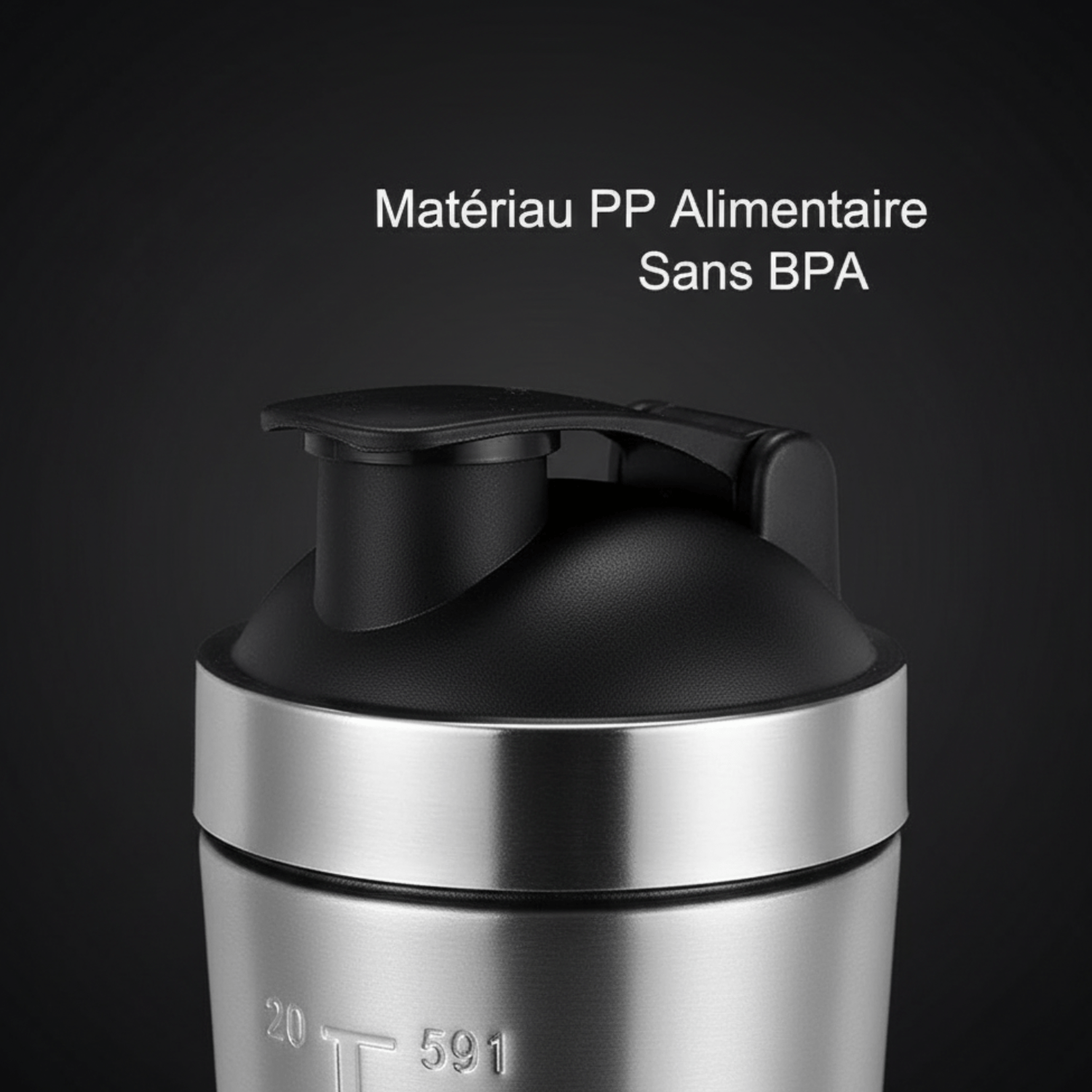  Gros plan sur le couvercle à vis 100% étanche du shaker protéine Positiflow.