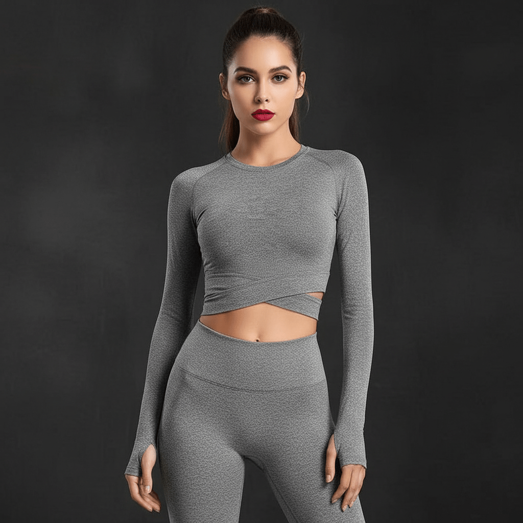 Haut crop top femme manches longues en tissu extensible respirant