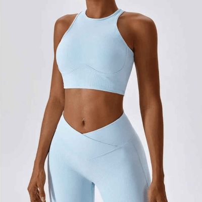 Haut de sport côtelé push up bleu texture unique élastique