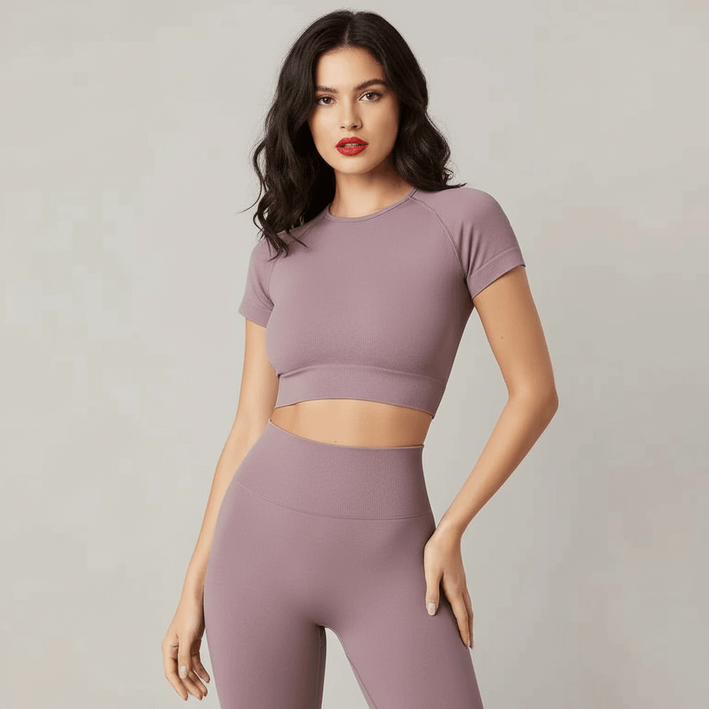 Tee-shirt court femme sans couture sport en mauve, crop top ajusté avec leggings assortis, mannequin pose frontale. Typé fitness.