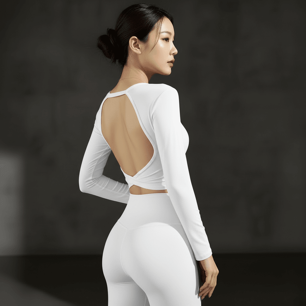 Haut manche longue dos nu femme blanc - Tshirt sport élégant dos croisé