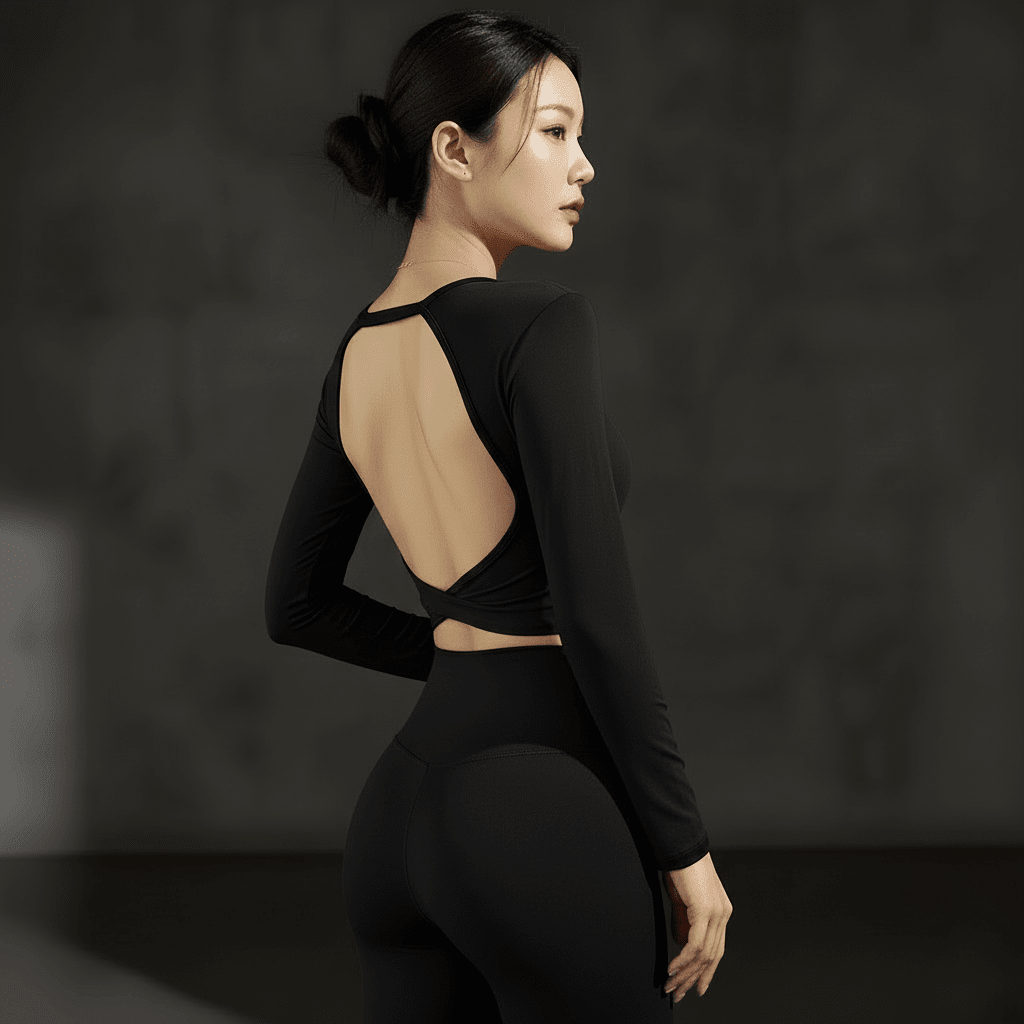 Haut manche longue dos nu femme noir - Tshirt sport yoga avec coussinets intégrés