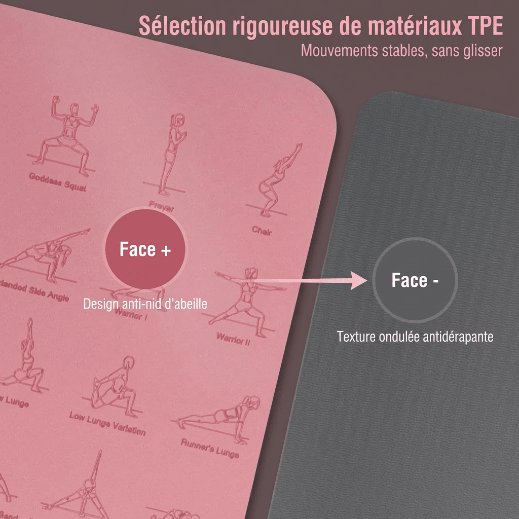 Infographie tapis de yoga double face : design postures et texture antidérapante TPE