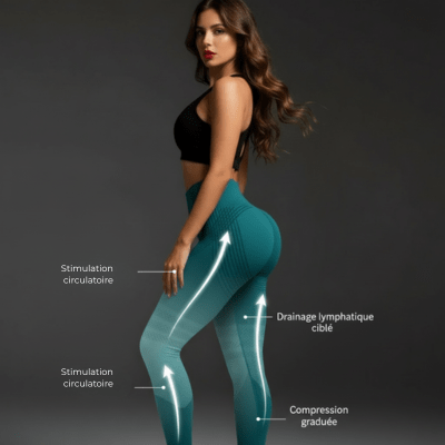 Infographie legging bleu pétrole avec illustration de stimulation circulatoire, drainage lymphatique ciblé et compression graduée, flèches anatomiques de circulation, technologie textile premium