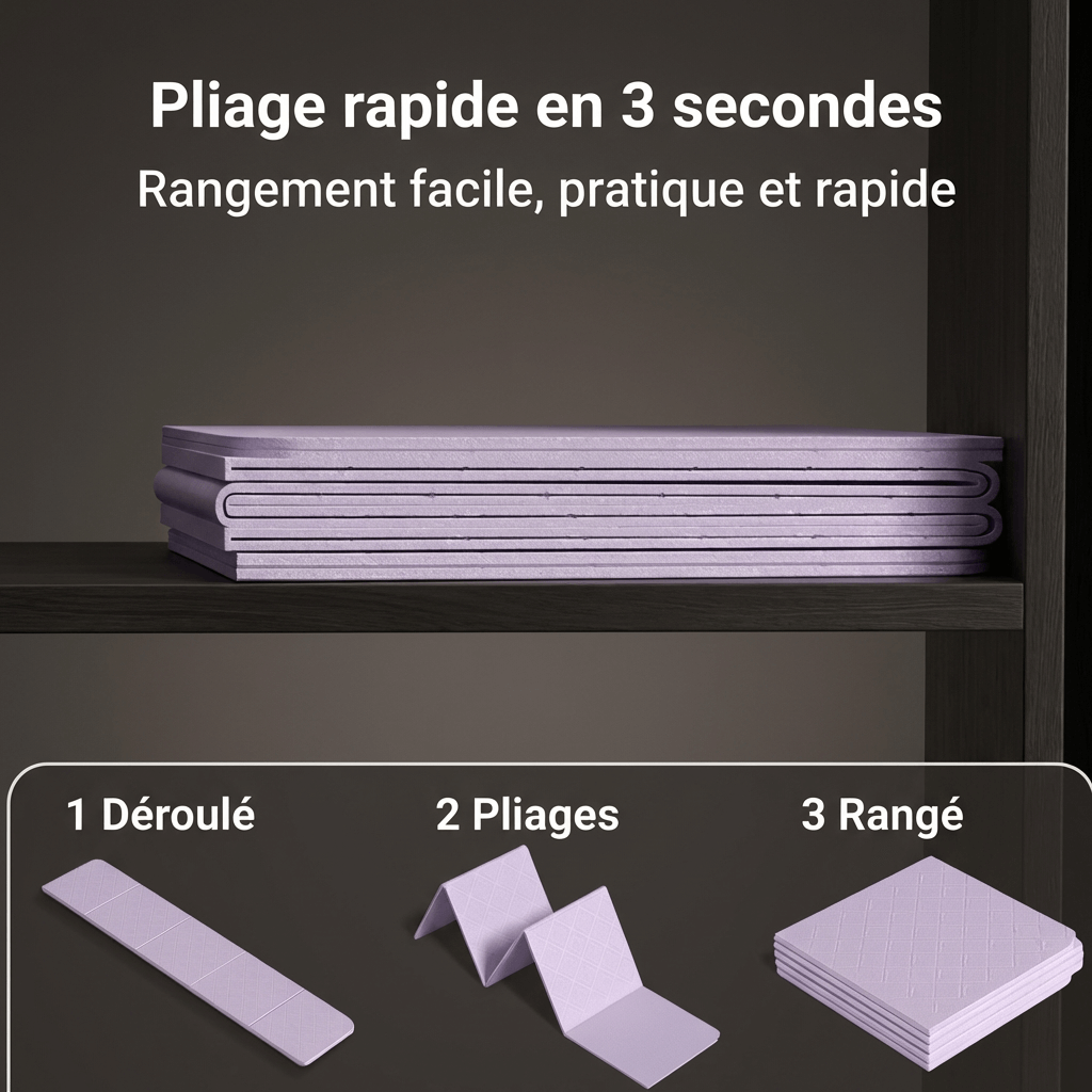 Infographie tapis de yoga pliable : pliage rapide en 3 secondes, rangement facile et pratique