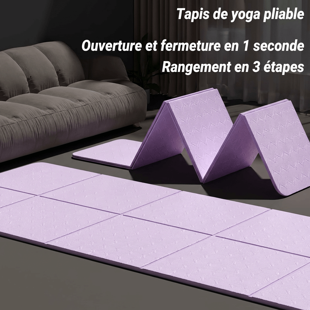 Infographie tapis de yoga pliable : ouverture et fermeture en 1 seconde, rangement en 3 étapes, tapis pliable pratique pour le voyage