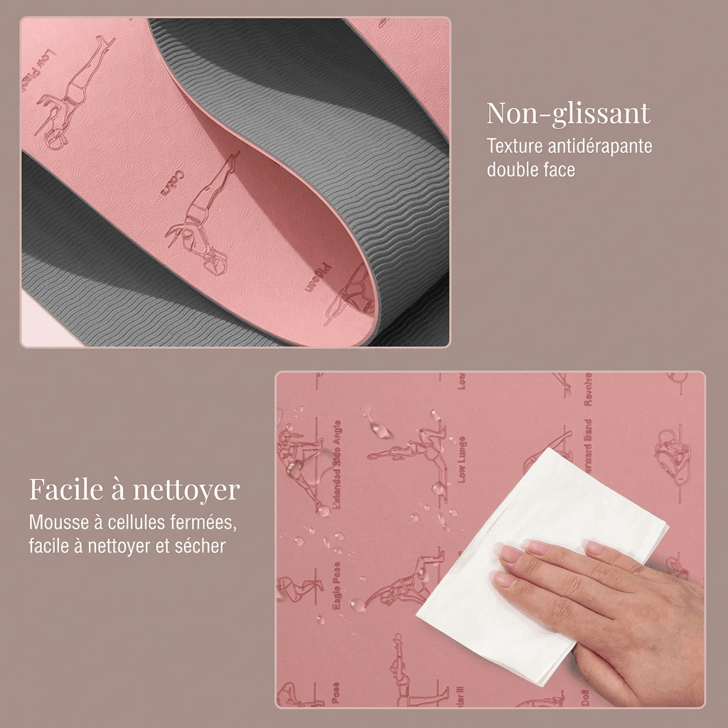  Infographie technologie Anti Water Ripple, surface plane tapis de yoga