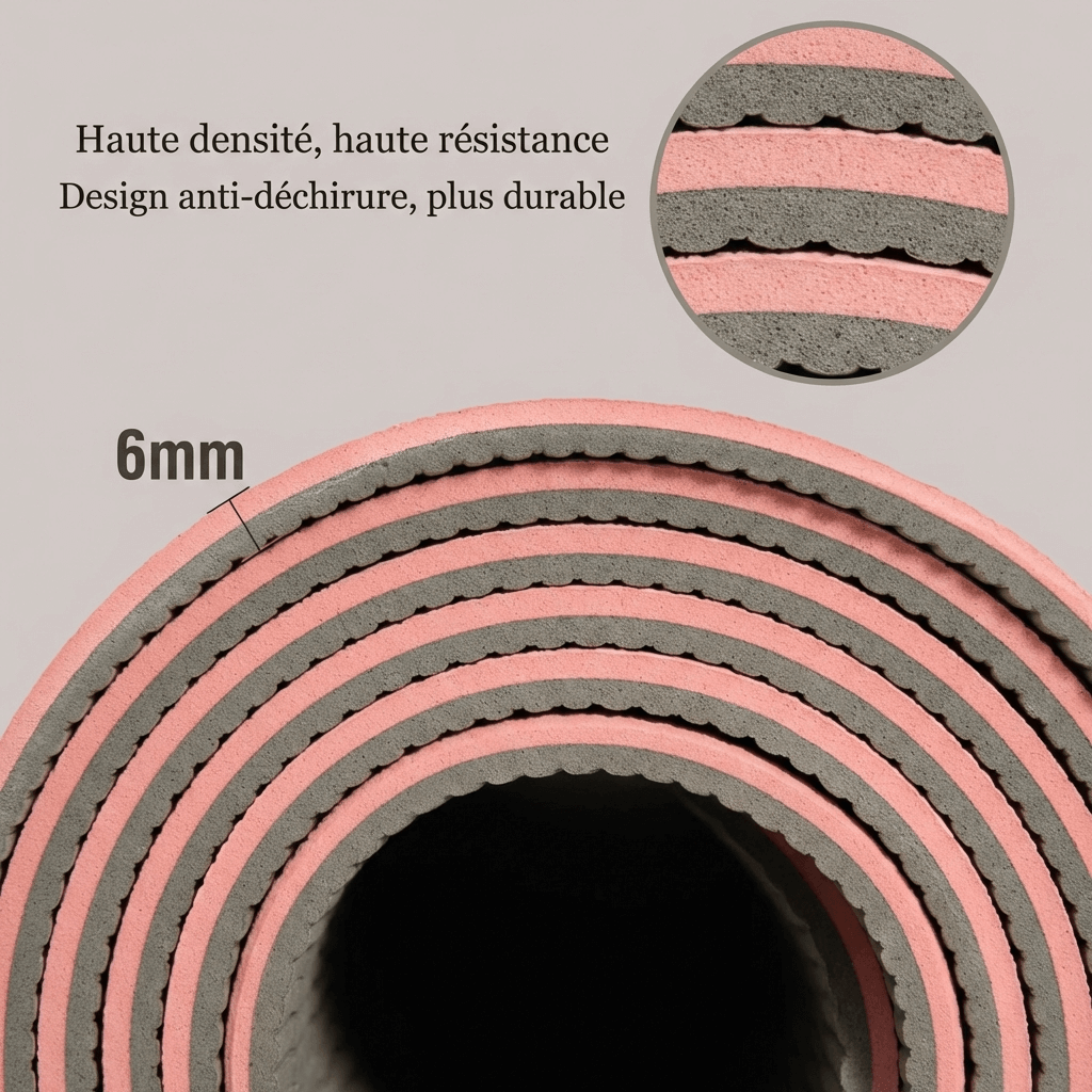  Infographie coupe transversale tapis de yoga ZEN 6mm : haute densité, haute résistance, design anti-déchirure