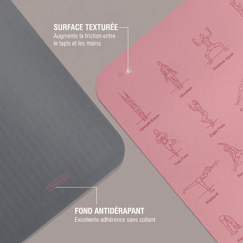 Infographie tapis de yoga : surface texturée pour augmenter la friction et fond antidérapant pour une excellente adhérence