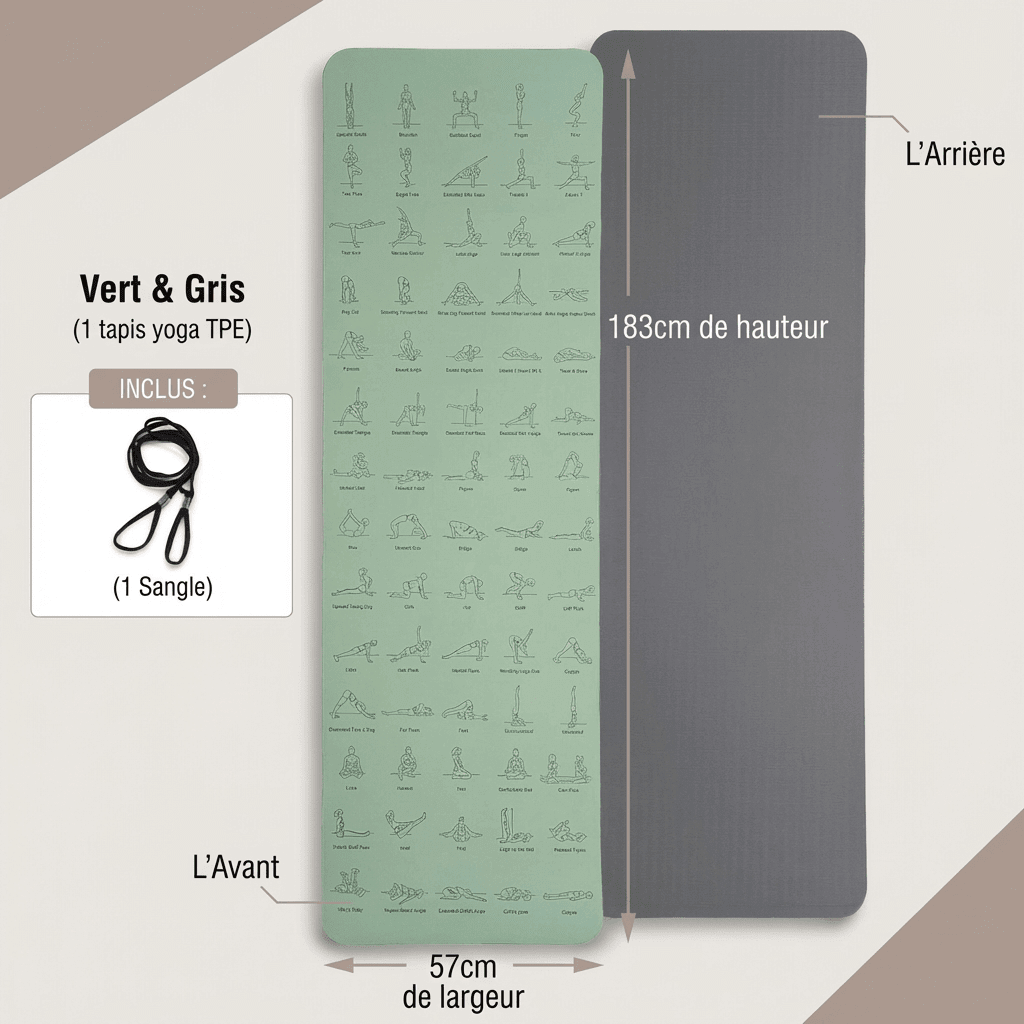 Tapis de yoga vert ZEN 6mm, vue de face, TPE écologique