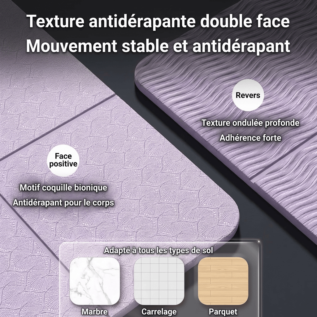 Infographie tapis gym pliable : texture antidérapante double face, adapté à tous les types de sol