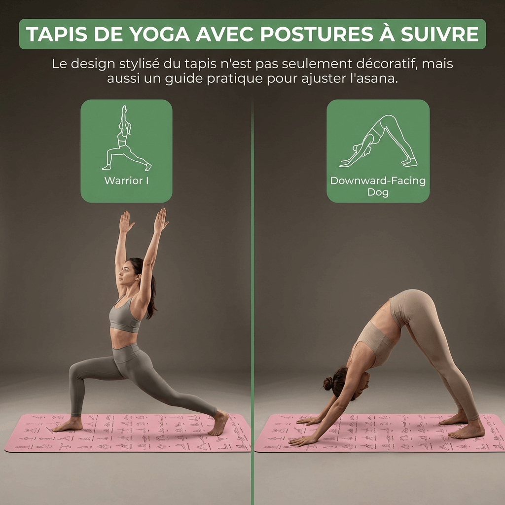 Infographie tapis de yoga avec postures à suivre : Warrior I et Downward-Facing Dog
