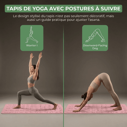 Infographie tapis de yoga avec postures à suivre : Warrior I et Downward-Facing Dog